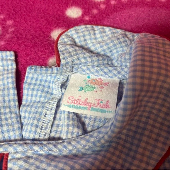 Stitchy Fish Blue Gingham Fourth Of July Collared Toddler Dress Size 3t - Picture 5 of 6